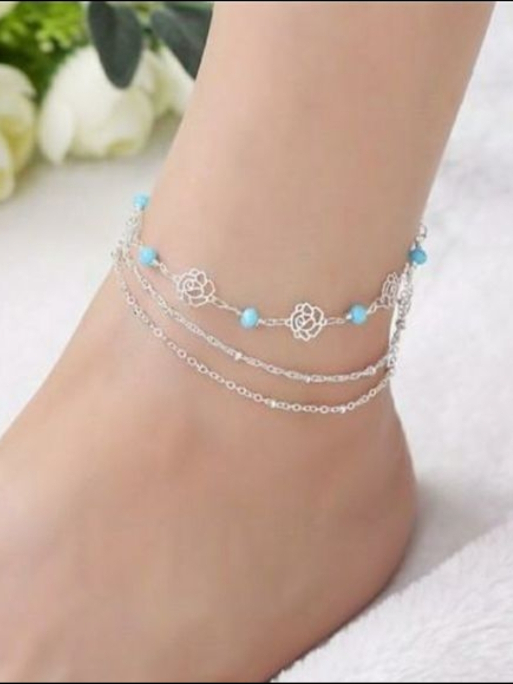 Trendy Silver Anklet Bracelet with Turquoise Beads